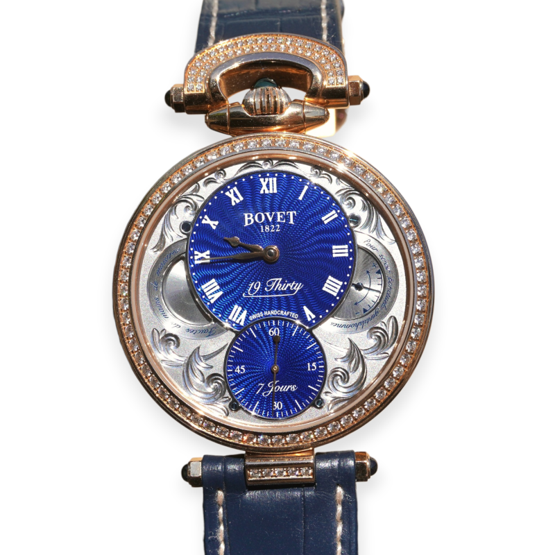 Pre-Owned Bovet 19Thirty Fleurier Rose Gold 42mm Diamond Bezel Set Blue Dial Blue Leather Strap NTR0025-SD123