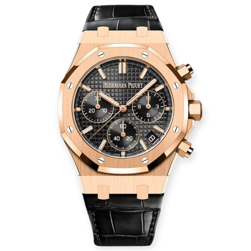 Pre-Owned Audemars Piguet Royal Oak SelfWinding Chronograph "50th Anniversary" 41mm Rose Gold Black Dial Black Leather Strap 26240OR.OO.D002CR.01