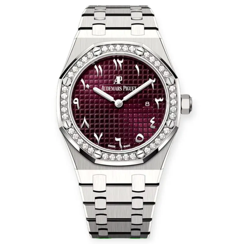 Pre-Owned Audemars Piguet Royal Oak Quartz 33mm Burgundy Color Diamond Bezel White Gold  67651BC.ZZ.1261BC.01