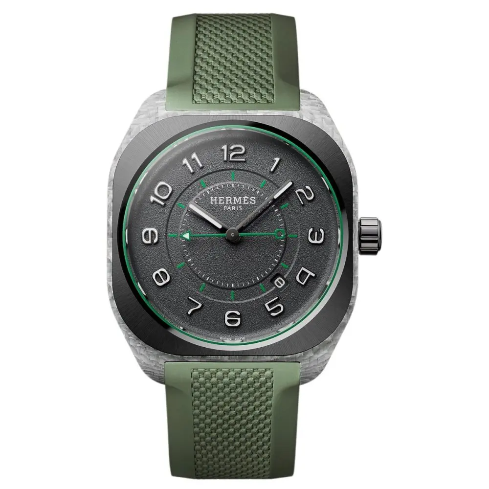 Pre-Owned Hermes H08 Watch 42mm Titanium Grained Concrete Coloured Dial Green Rubber Strap W402991WW00