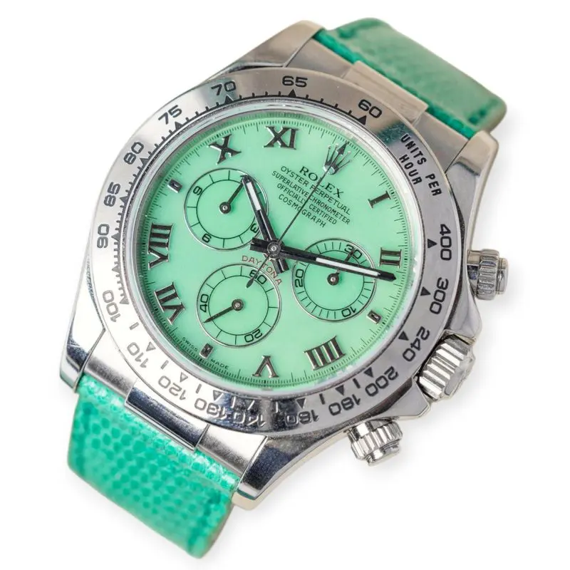 Pre-Owned Rolex Daytona 40mm White Gold Green Dial with Leather Bracelet 116519