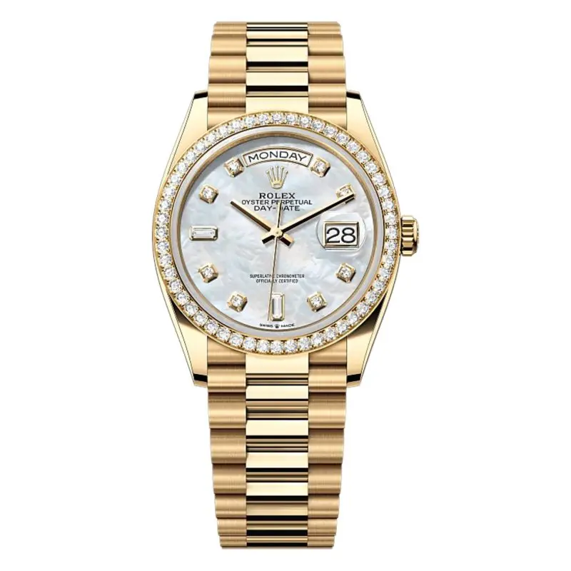 Pre-Owned Rolex Day-Date 36mm Oyster Yellow Gold and Diamonds White Mother of Pearl Diamond Set Dial Diamond Seet Bezel President Bracelet 128348RBR-0017