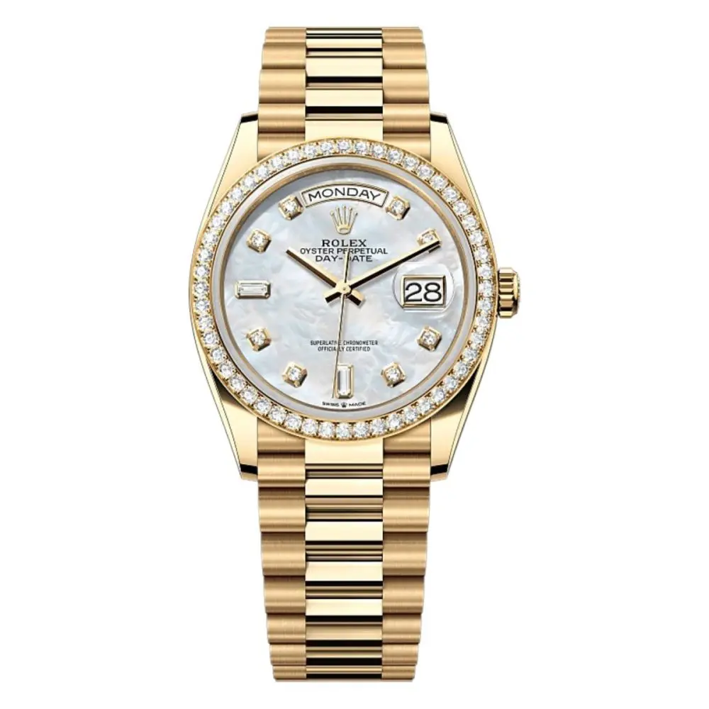 Pre-Owned Rolex Day-Date 36mm Oyster Yellow Gold and Diamonds White Mother of Pearl Diamond Set Dial Diamond Seet Bezel President Bracelet 128348RBR-0017