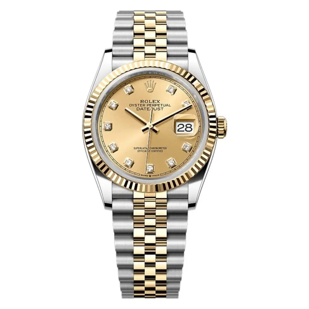 Pre-Owned Rolex Datejust 36mm Oystersteel Yellow Gold Champagne Colour Diamond set Dial Jubilee Bracelet 126233-0017
