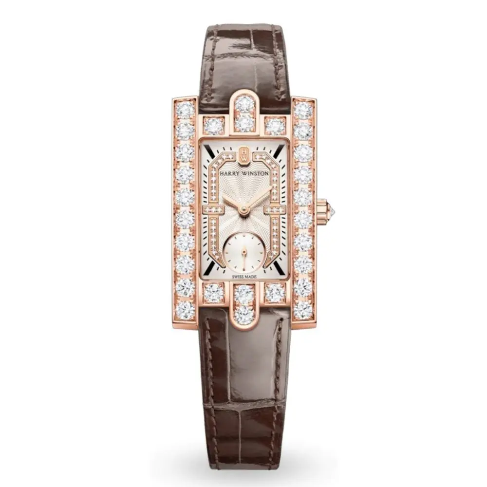 Pre-Owned Harry Winston Avenue Classic 21.4mm×36.1mm Rose Gold Sunray Waves Guilloche Dial Alligator Leather AVEQHM21RR122