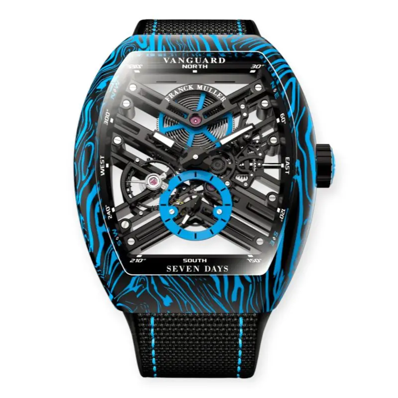 Pre-Owned Franck Muller Geneve Vanguard Damascus Carbon Skeleton 43mm Carbon Automatic Skeletonized Dial Woven Textile Strap V43S6SQTCBAMSBLNR