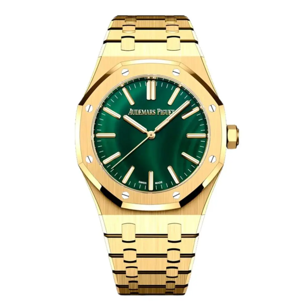 Pre-Owned Audemars Piguet Royal Oak SelfWinding 41mm Yellow Gold Sapphire Crystal Case Malachite Stone Dial 15513BA.OO.1320BA.01