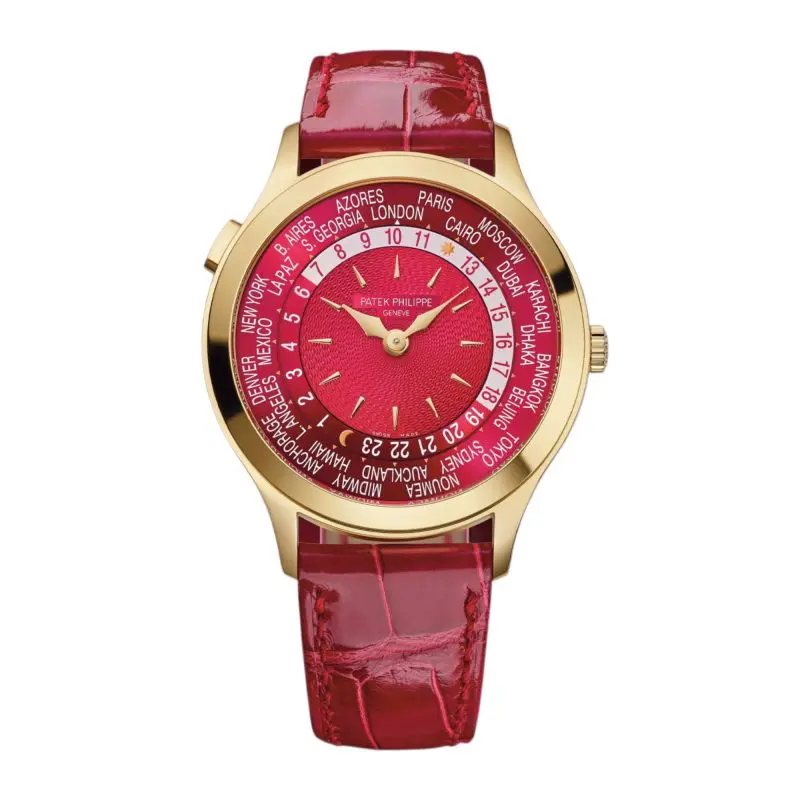 Pre-Owned Patek Philippe Flamboyant World Time 36mm Yellow Gold Lacquered Carmine Red Dial Alligator Leather Strap 7129J-001
