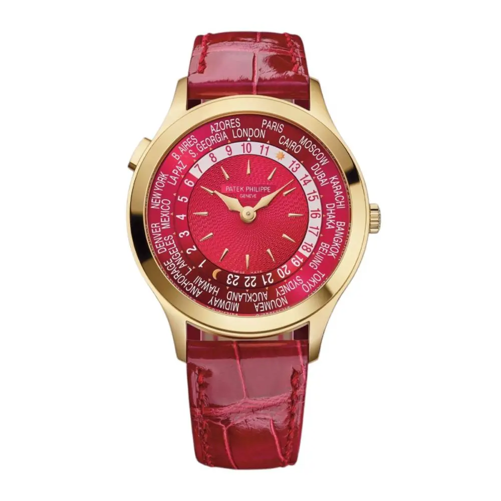 Pre-Owned Patek Philippe Flamboyant World Time 36mm Yellow Gold Lacquered Carmine Red Dial Alligator Leather Strap 7129J-001