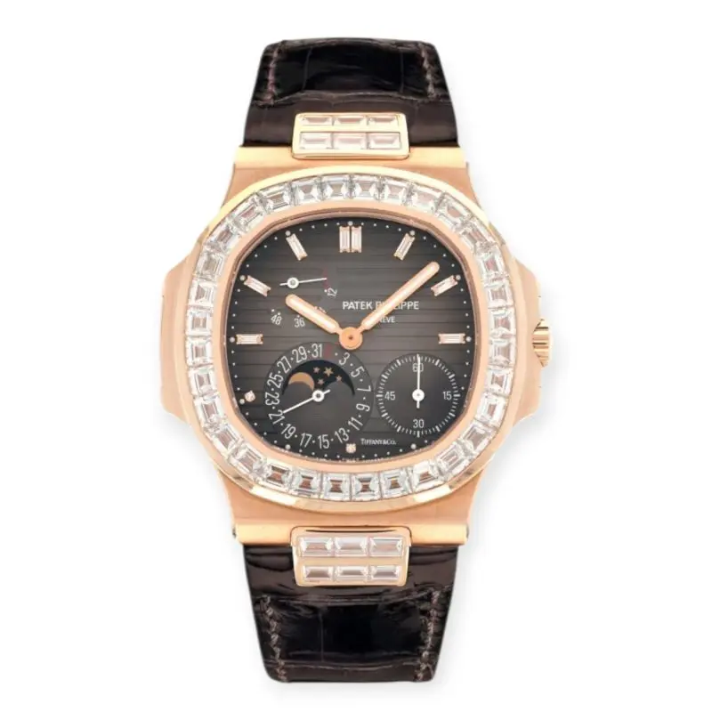 Pre-Owned Patek Philippe Tiffany & Co 40mm Rose Gold Baguettes Leather Strap 5724R-001