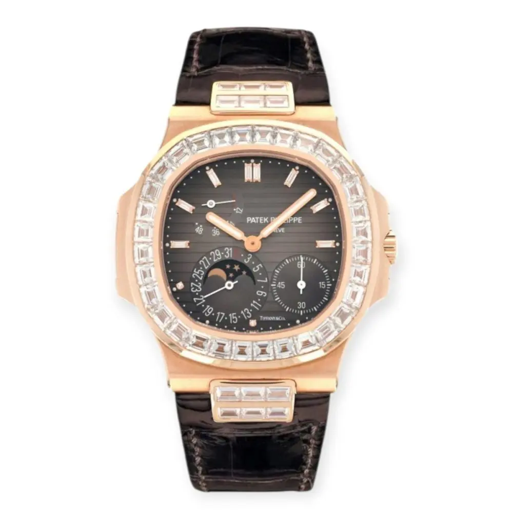 Pre-Owned Patek Philippe Tiffany & Co 40mm Rose Gold Baguettes Leather Strap 5724R-001