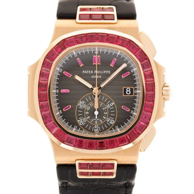 Pre-Owned Patek Philippe Rose Gold Nautilus Ruby Chronograph 40mm 18k RG Grey Dial Brown Bracelet 5980/12R-010