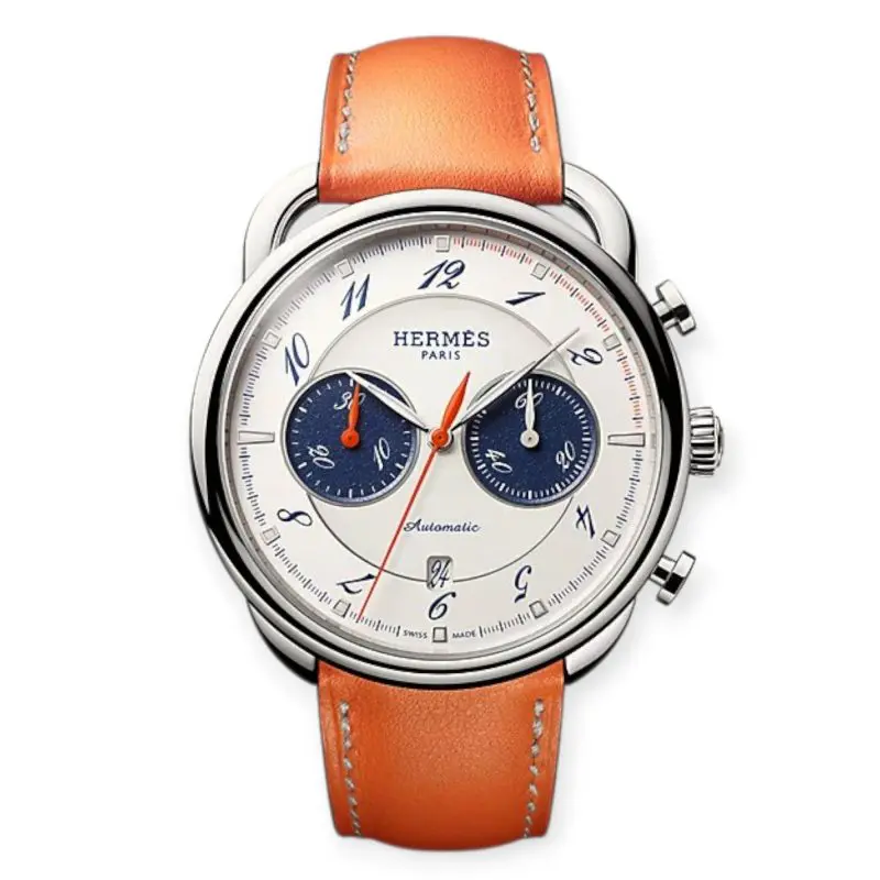 Pre-Owned Hermes Arceau Chronographe Watch 42mm Anti Glare Sapphire White Silvered Dial Leather Strap W404111WW00