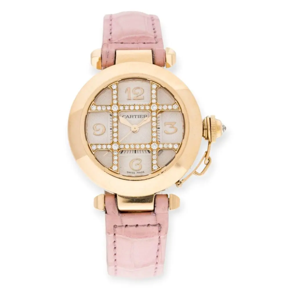 Pre-Owned Cartier Pasha Grid de Cartier Watch 32mm Yellow Gold Silver Diamond Grid Dial Alligator Strap WJ105256