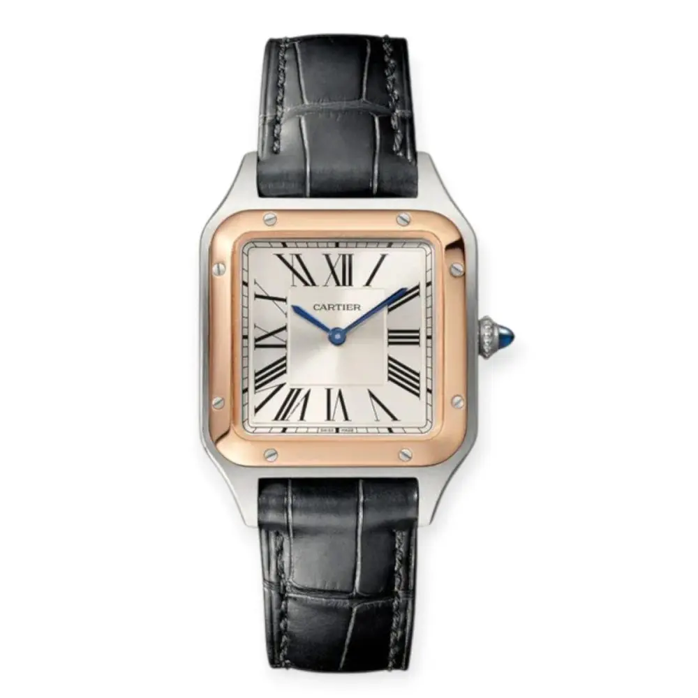 Pre-Owned Cartier Santos Dumont Watch 38mm×27.5mm Steel Case Rose Gold Silvered Dial Leather Strap W2SA0038
