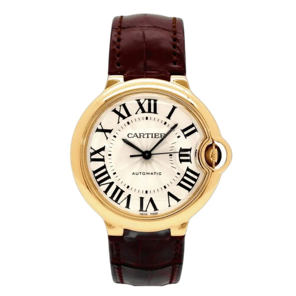 Pre-Owned Cartier The Ballon Bleu de 36mm Automatic Yellow Gold Case Silver Dial Leather Strap W6900356