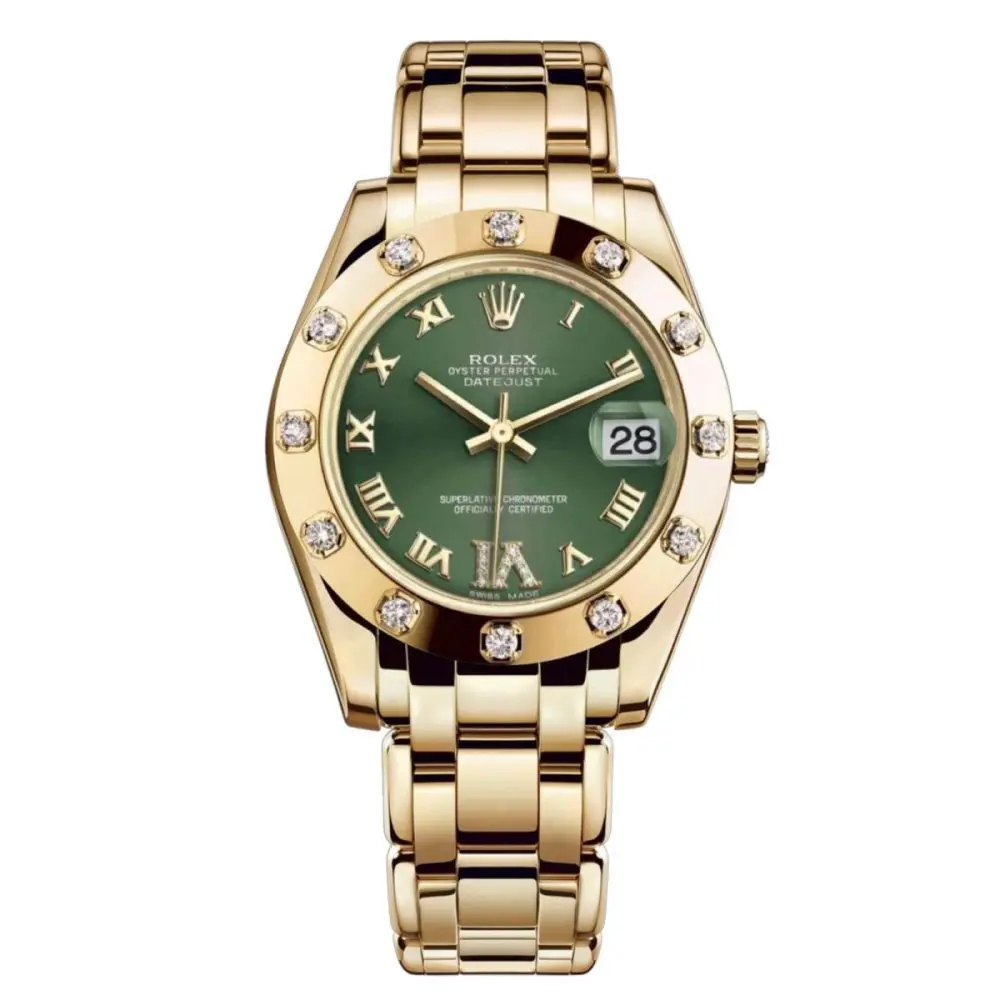 Pre-Owned Rolex DateJust 34mm Pearlmaster Yellow Gold Olive Green Diamond Dial 81318