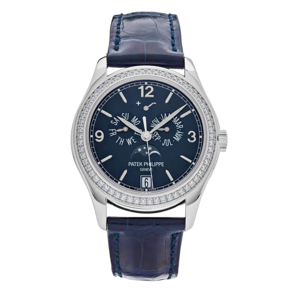 Pre-Owned Patek Philippe Complications Diamond 39mm Bezel Annual Calendar Moon Phases White Gold Blue Dial Leather Strap 5147G-001