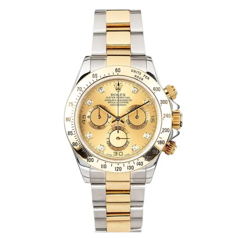 Pre-Owned Rolex Daytona 40mm Stainless Steel Yellow Gold Techymeter Bezel Oyster Bracelet Champagne Diamond Dial 116523