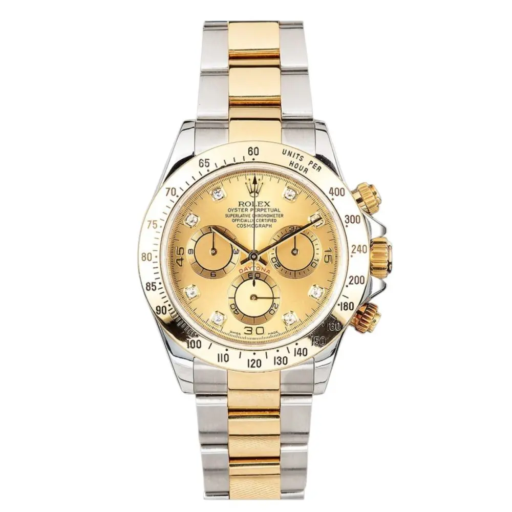 Pre-Owned Rolex Daytona 40mm Stainless Steel Yellow Gold Techymeter Bezel Oyster Bracelet Champagne Diamond Dial 116523