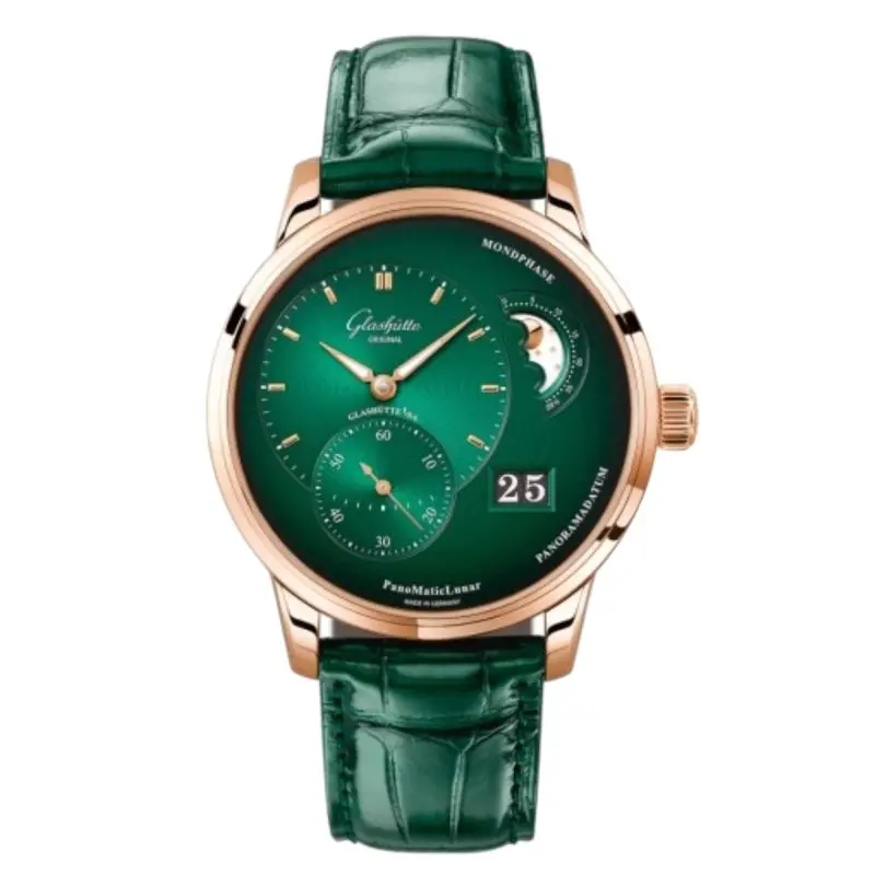 Pre-Owned Glashutte Pano Maticlunar 40mm Red Gold Automatic Movement Mond Phase Green Dial Leather Strap 1-90-02-23-35-61