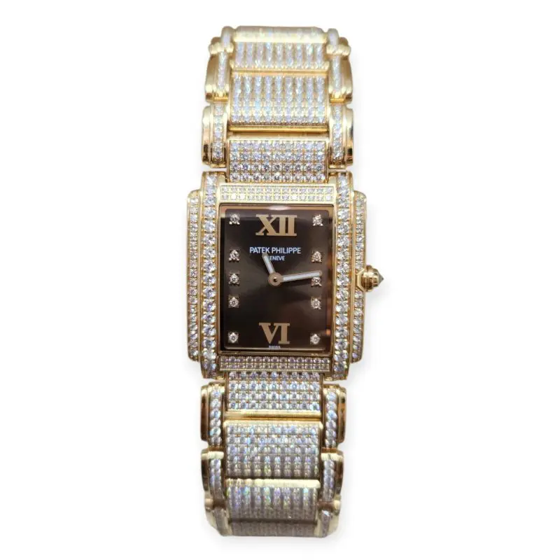 Pre-Owned Patek Phille Ladies Twenty-4 Rose Gold Full Paved Diamond Chocolate Dial 4910/50R-010