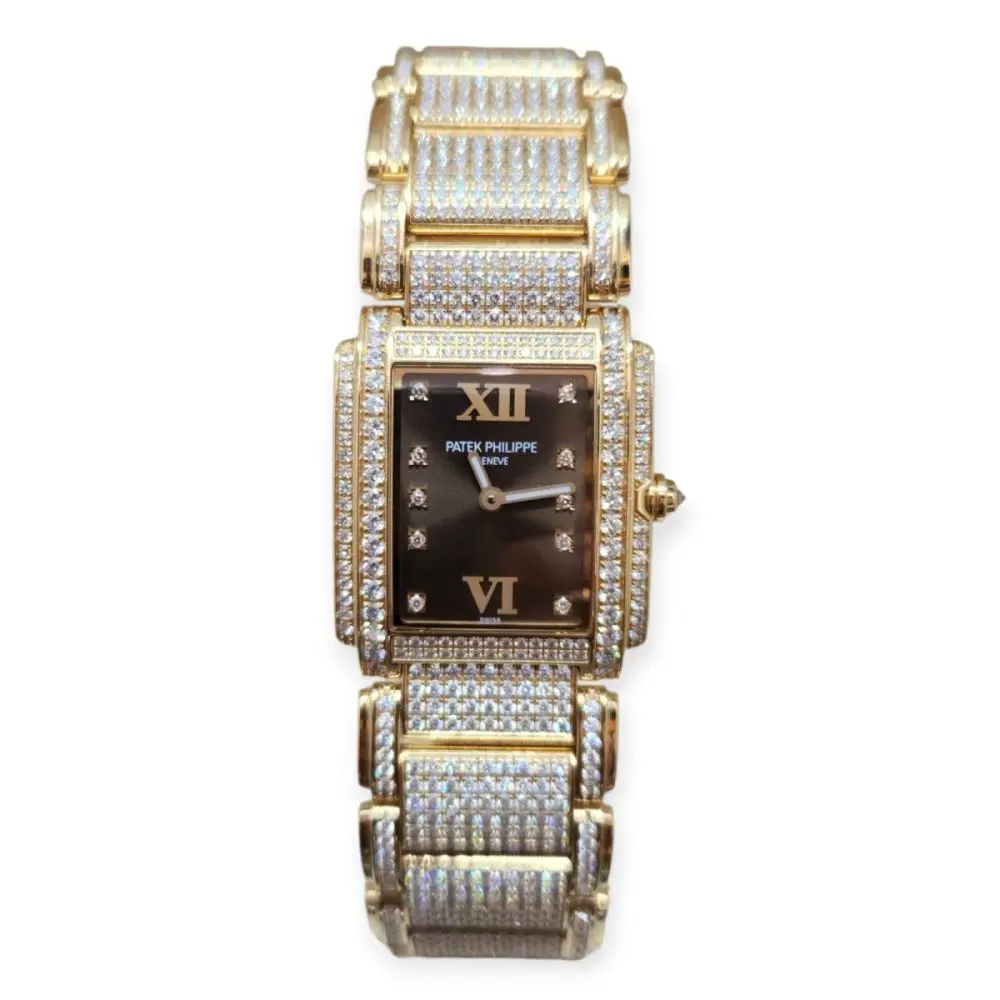 Pre-Owned Patek Phille Ladies Twenty-4 Rose Gold Full Paved Diamond Chocolate Dial 4910/50R-010