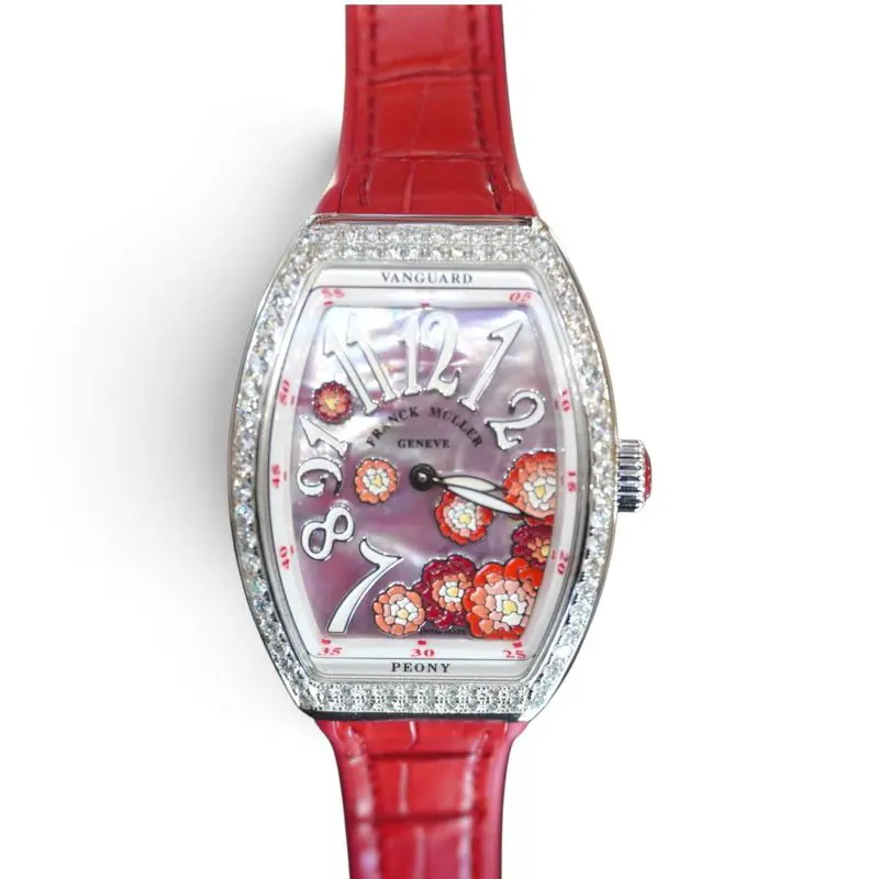 Pre-Owned Frank Muller Vanguard Lady Steel 32mm Diamond Set Peony MOP Red V32QZMOPRGD1RACRG
