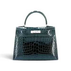Pre-Owned Hermes Kelly 28 Sellier Shiny Alligator Vert Cypress PHW