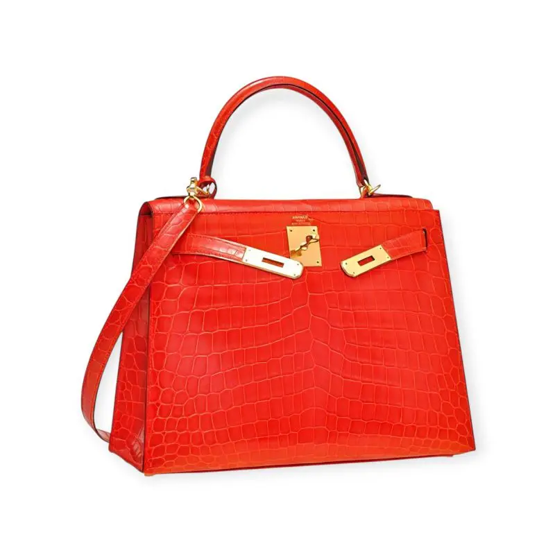 Pre-Owned Kelly 28 Sellier Shiny Orange Poppy Niloticus Crocodile Sellier GHW