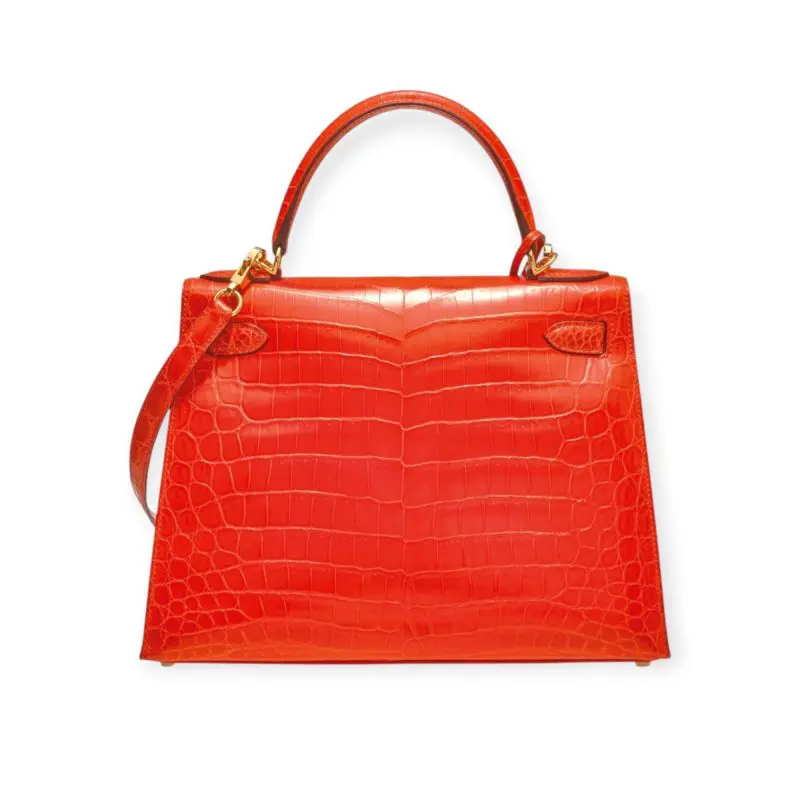 Pre-Owned Kelly 28 Sellier Shiny Orange Poppy Niloticus Crocodile Sellier GHW