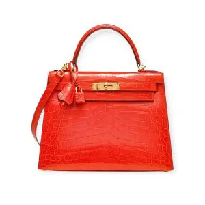 Pre-Owned Kelly 28 Sellier Shiny Orange Poppy Niloticus Crocodile Sellier GHW
