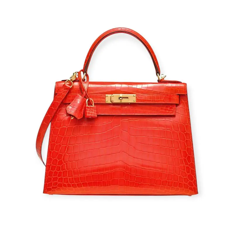 Pre-Owned Kelly 28 Sellier Shiny Orange Poppy Niloticus Crocodile Sellier GHW