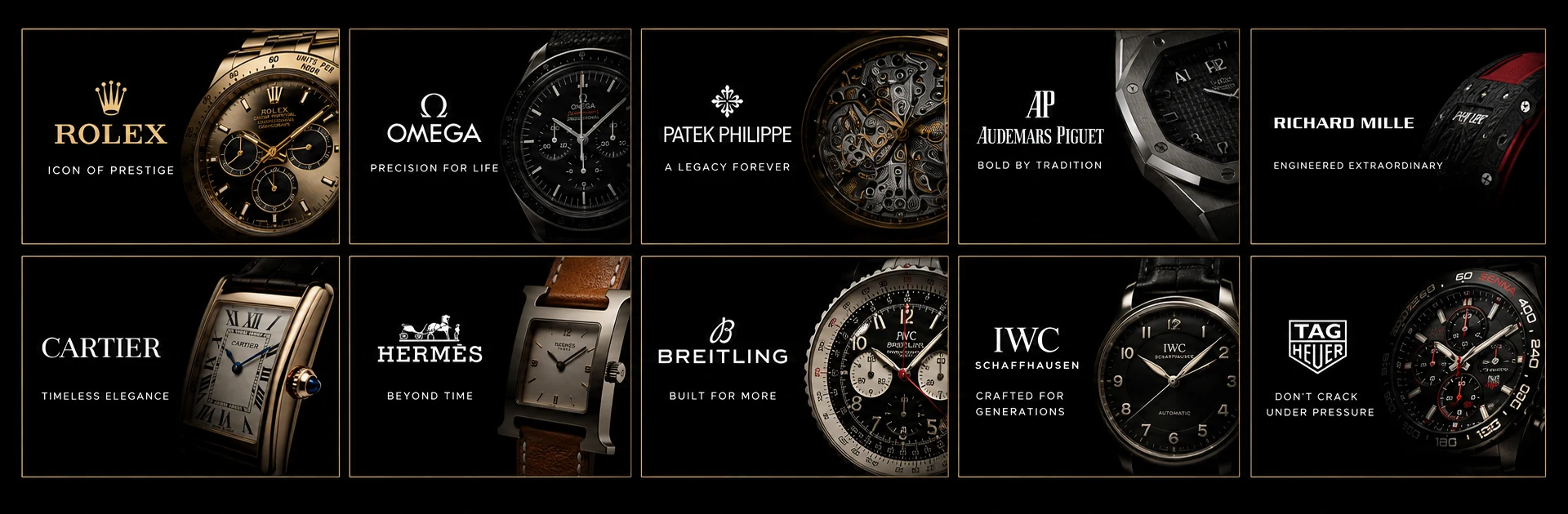Featured Rolex, Omega, Patek Philippe, Audemars Piguet, Richard Mille, Cartier, Hermès, Breitling, IWC and TAG Heuer products