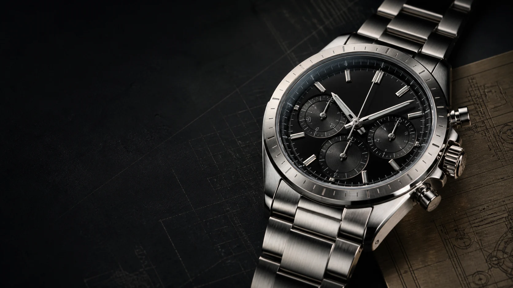A polished chronograph on a dark technical surface