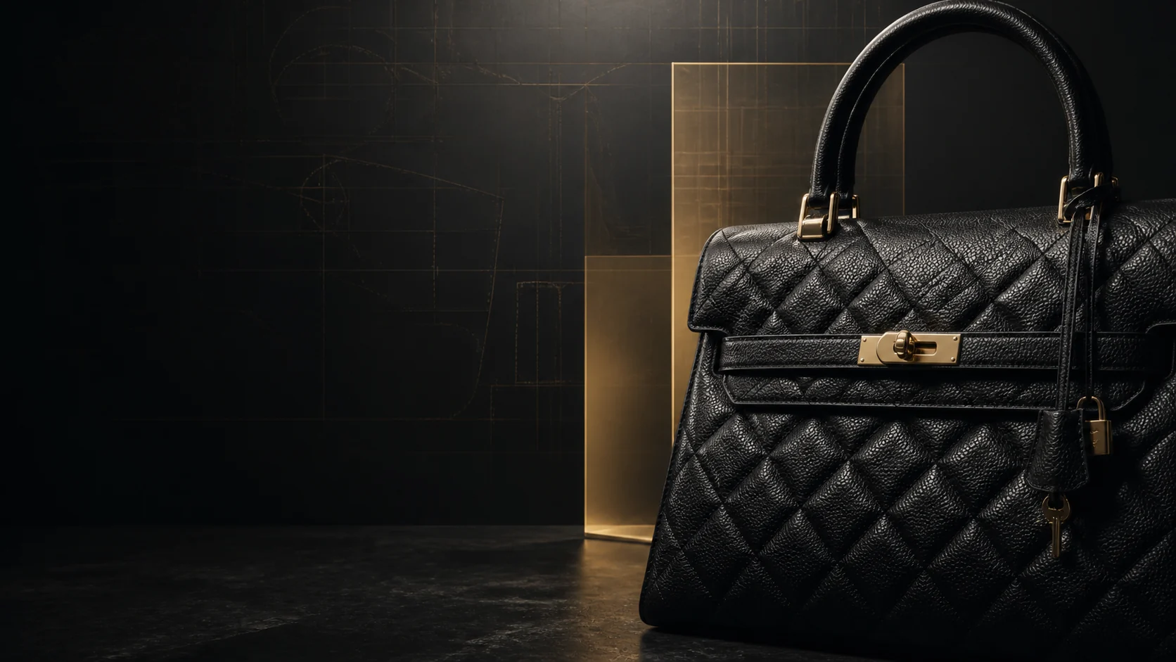 A collectible black leather bag in a dark gallery