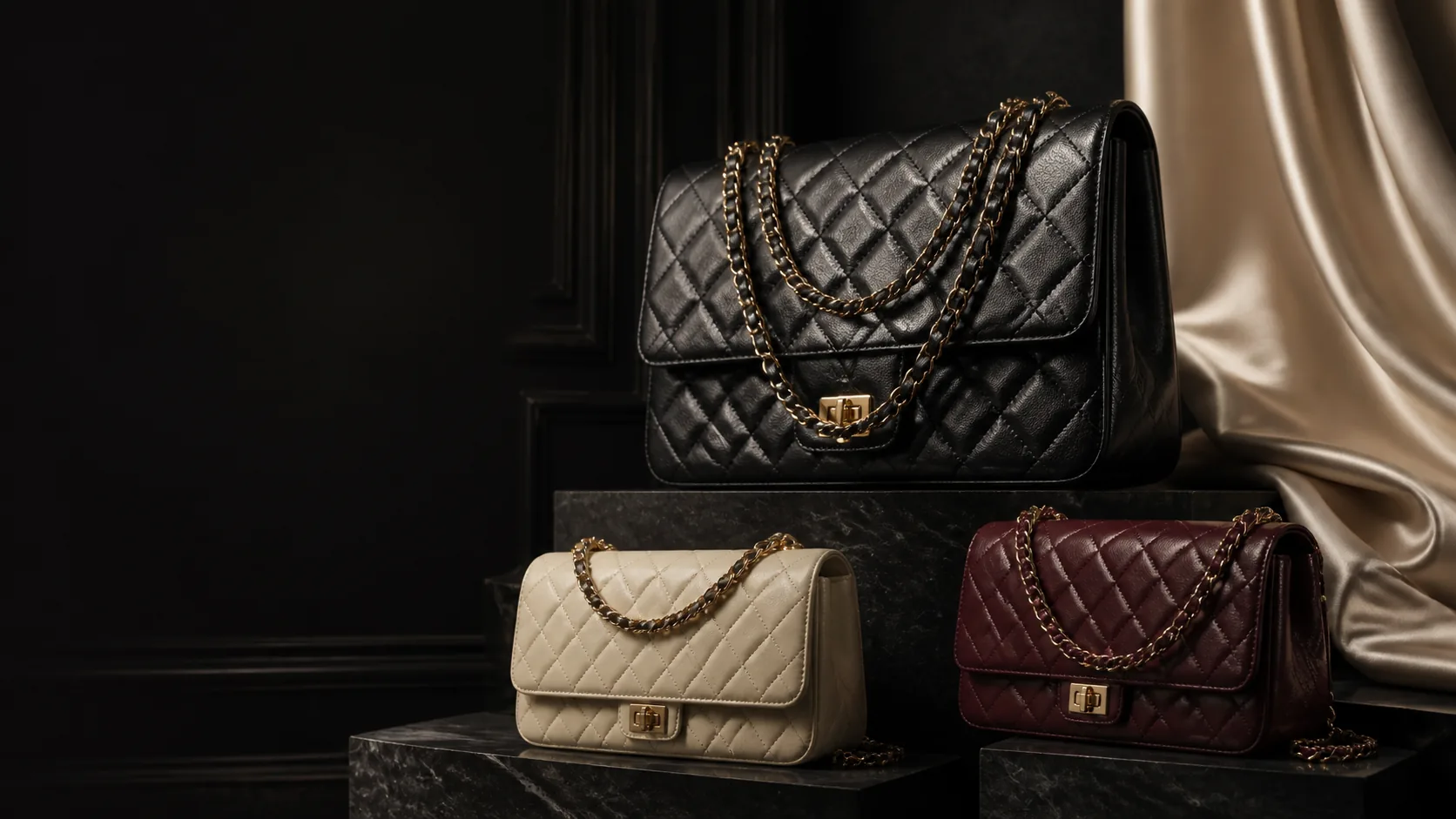 A cinematic collection of quilted chain bags in a dark couture setting