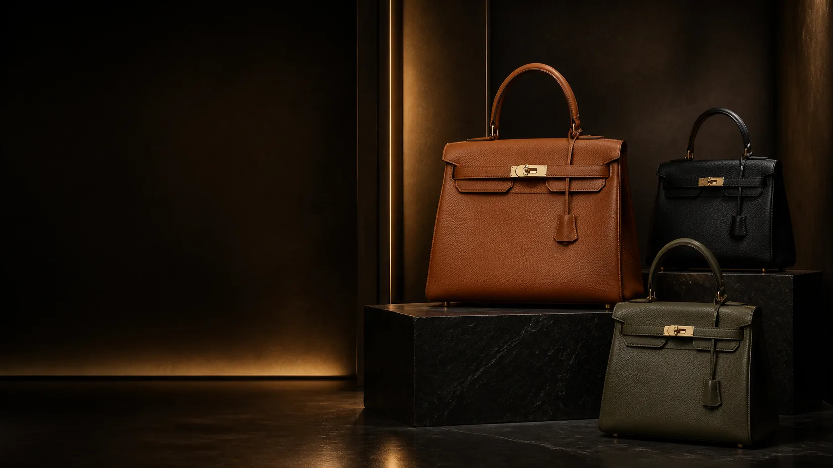 A cinematic collection of structured leather bags in a dark gallery