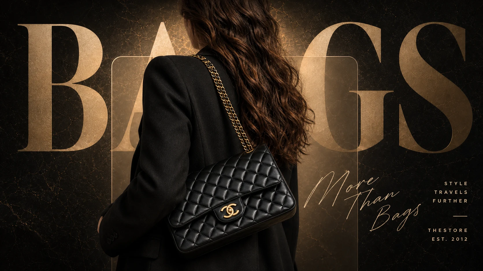 Luxury bags campaign artwork with a model carrying a quilted black handbag