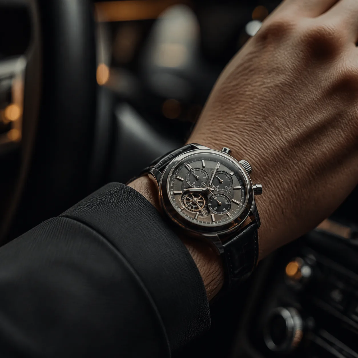 A refined mechanical timepiece worn with a dark tailored sleeve