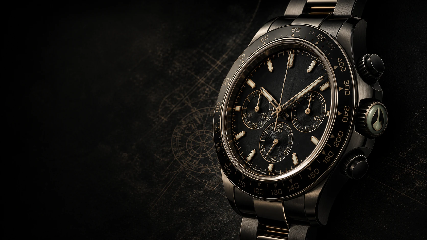 Close view of a black chronograph showing its case, dial, bezel and crown details