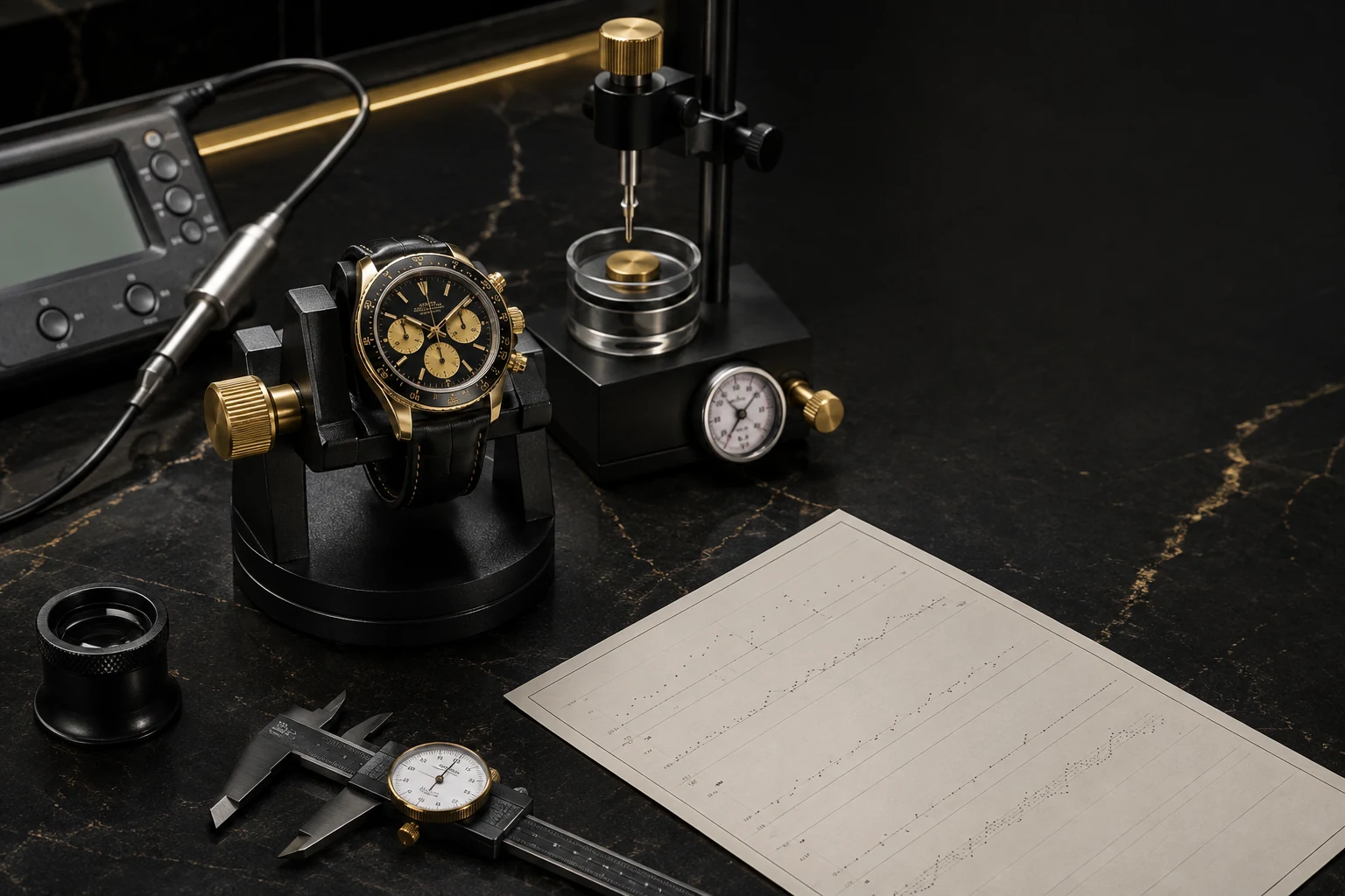 A black and gold chronograph secured on a professional watch inspection bench with precision testing instruments