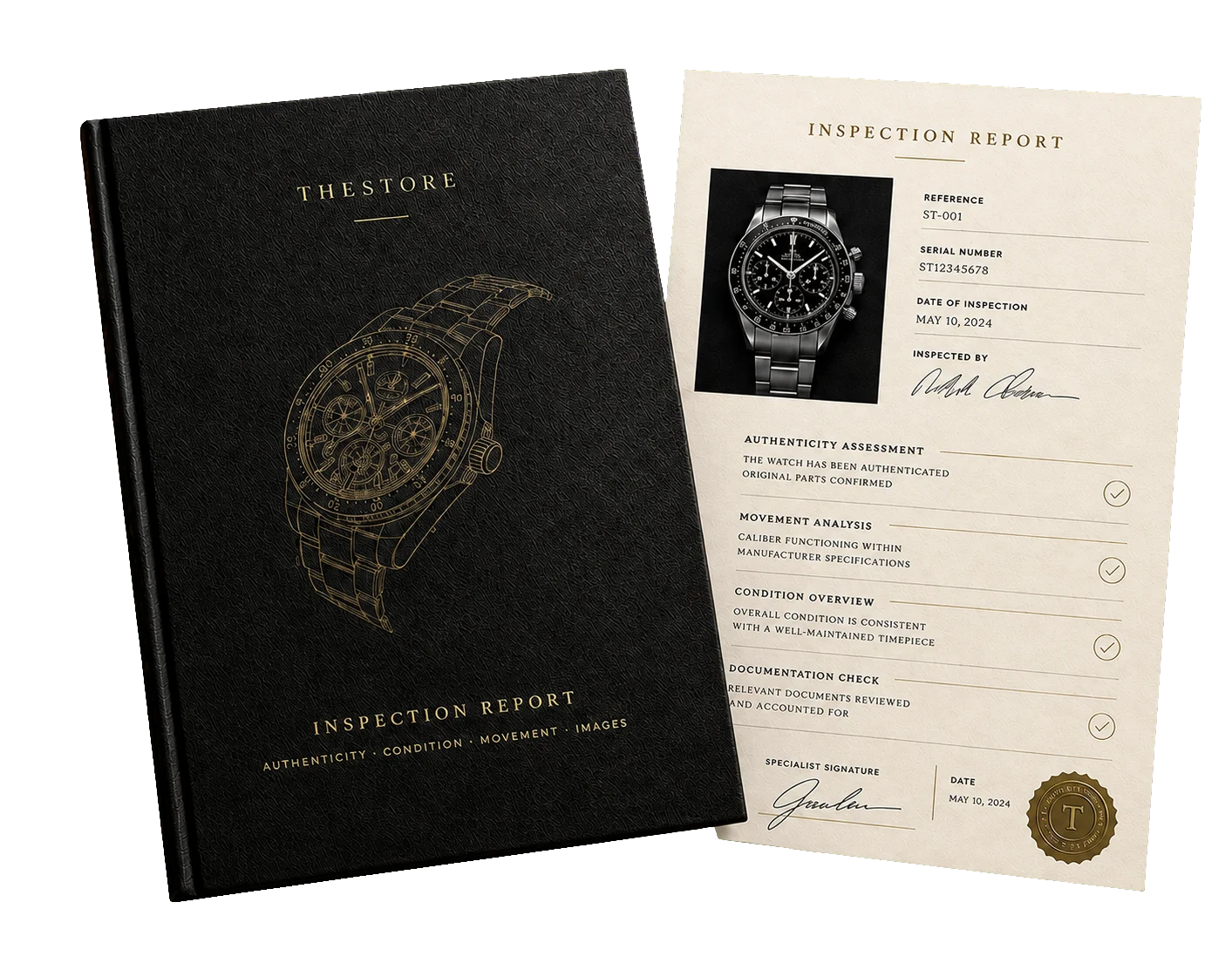 TheStore black inspection booklet and ivory specialist report