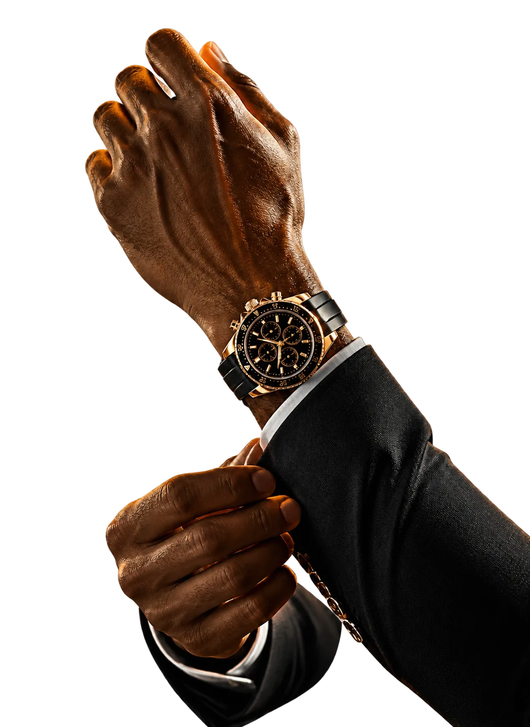 A gentleman adjusting his cuff while wearing a gold-and-black chronograph timepiece