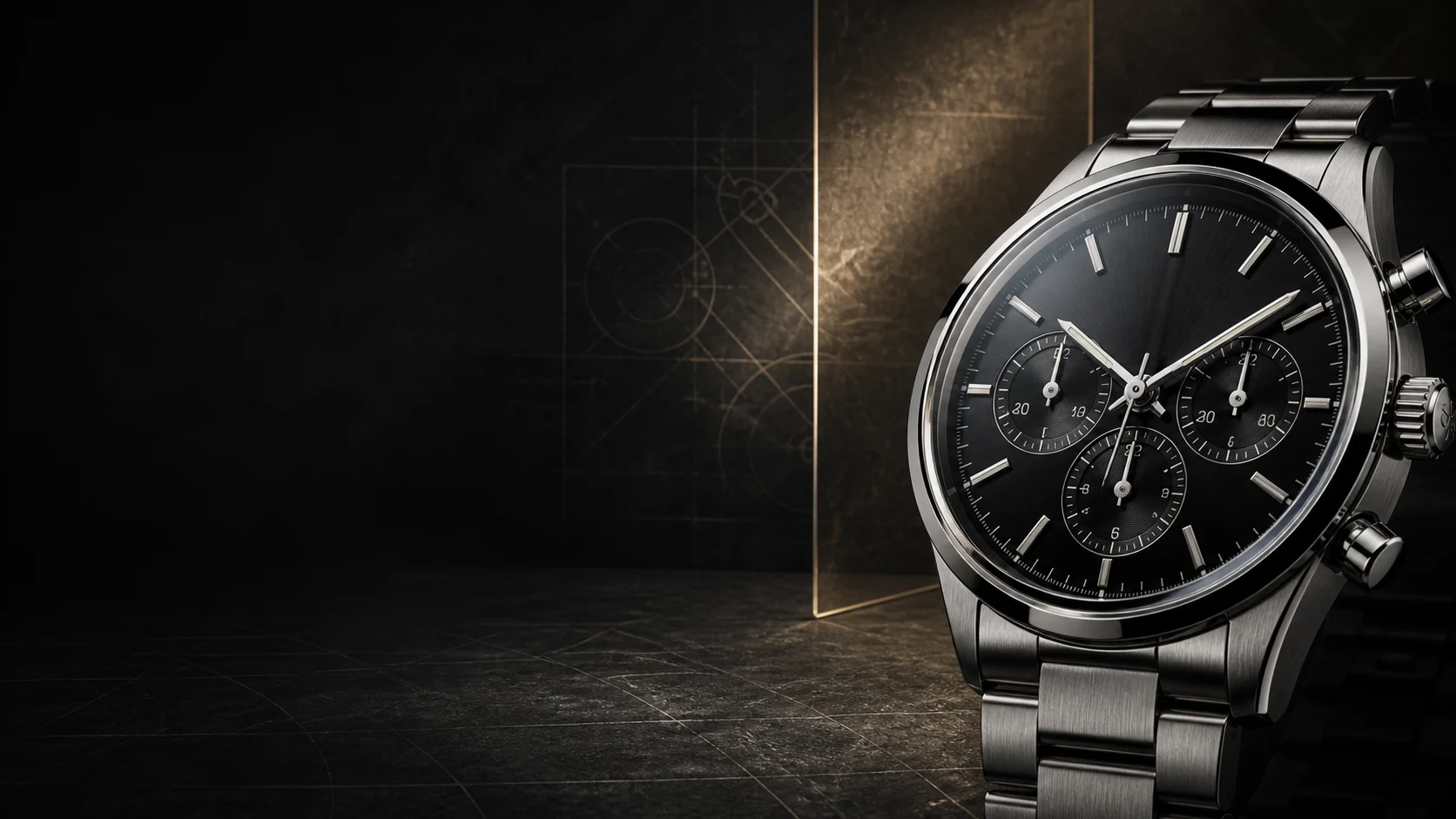 A black chronograph presented in a dark architectural gallery