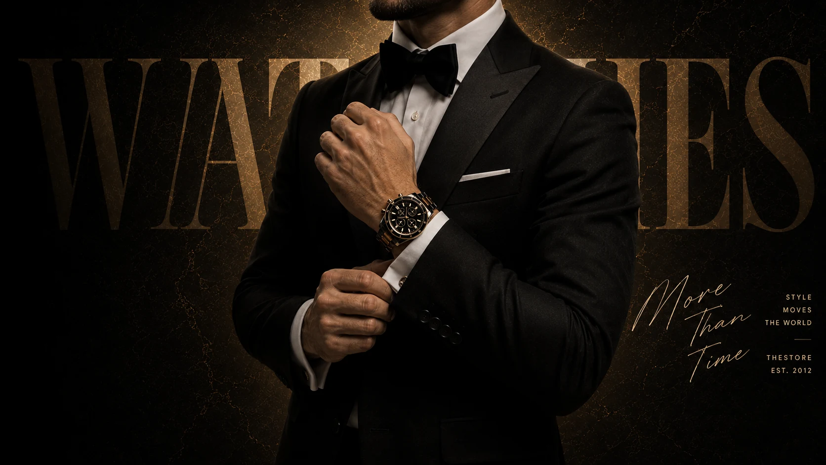 Luxury watch campaign artwork with a suited man wearing a black and gold chronograph