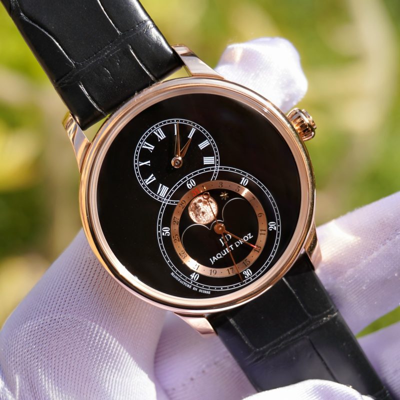 Pre-Owned Jaquet Droz Grande Seconde Moon Rose Gold 43mm Black Enamel Dial Black Strap J007533201