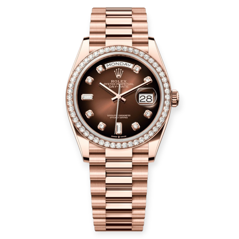 Pre-Owned Rolex DayDate 36mm Brown Ombre Dial Diamond-Set Bezel Rose Gold President 128345RBR-0040